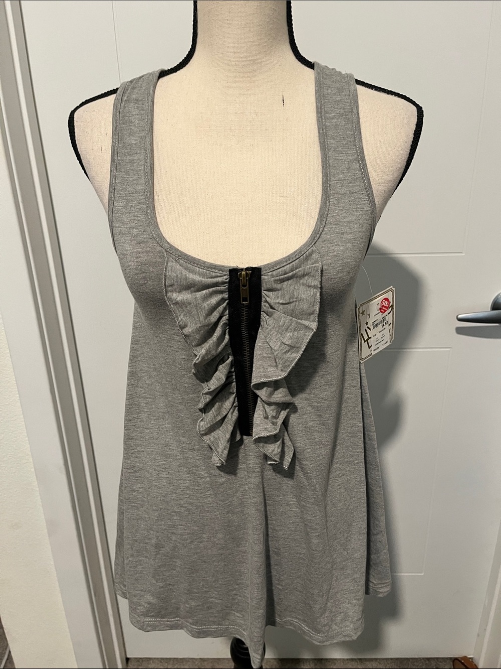 Living Doll Gray Ruffle Zip-Front Design Sleeveless Tank Top Feminine Casual